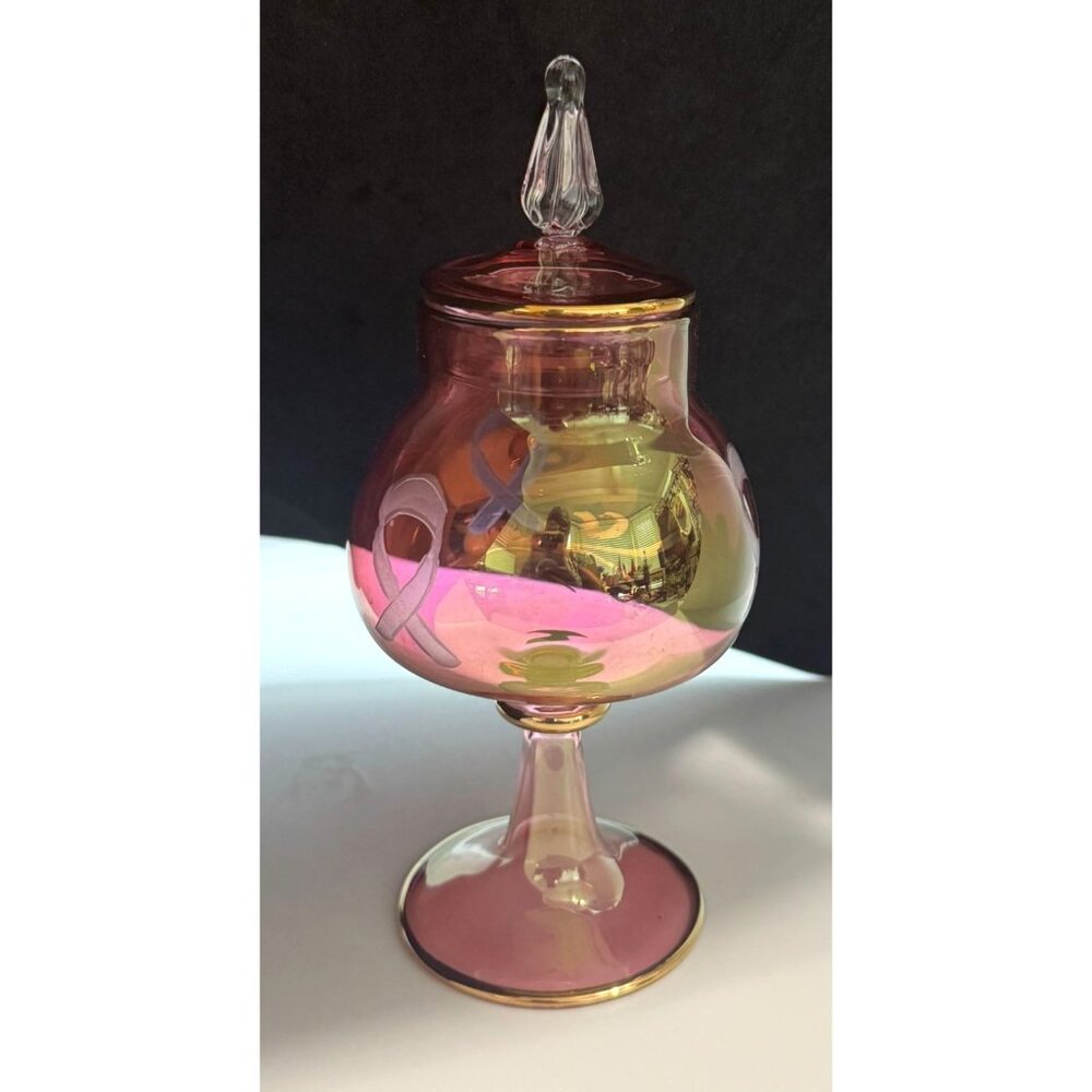 Egyptian Museum Vintage Art Glass Lidded Jar With Floral Design